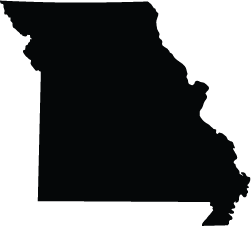 A black silhouette of the state of Missouri on a white background.