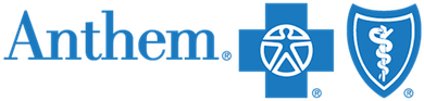 Anthem health insurance logo: blue text and a cross with a person inside, and the Blue Cross Blue Shield logo.