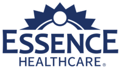 The essence healthcare logo is blue and white with a sun in the middle.