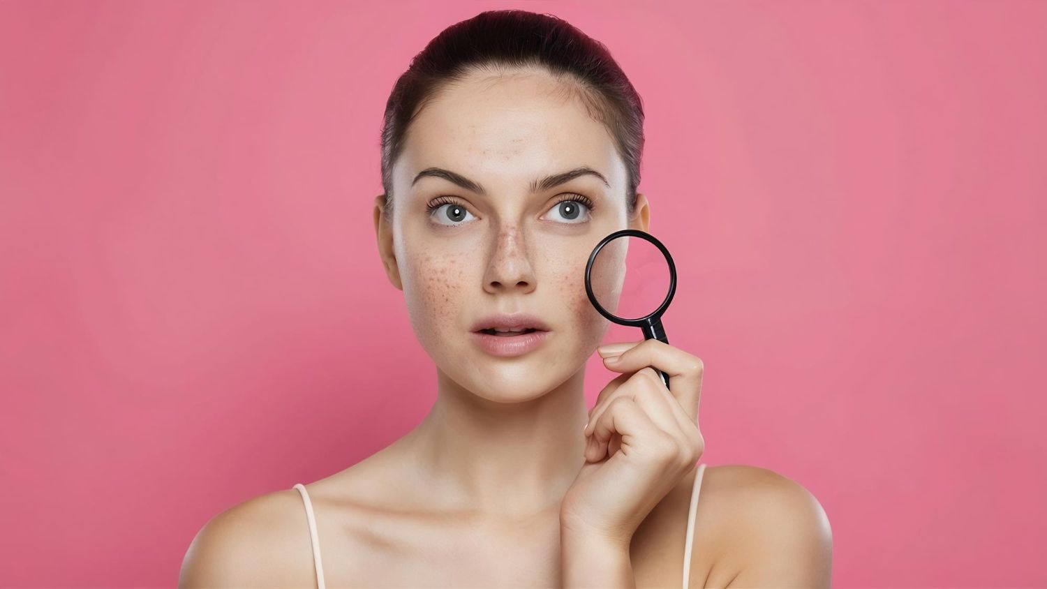 A woman is looking at her face through a magnifying glass.