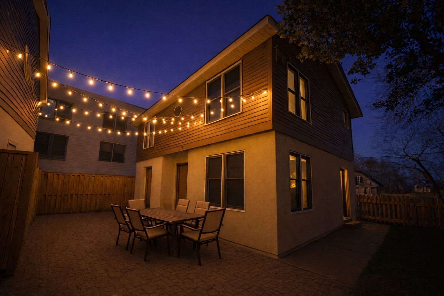 Backyard patio at dusk with string lights, a table, and chairs in front of a two-story house.