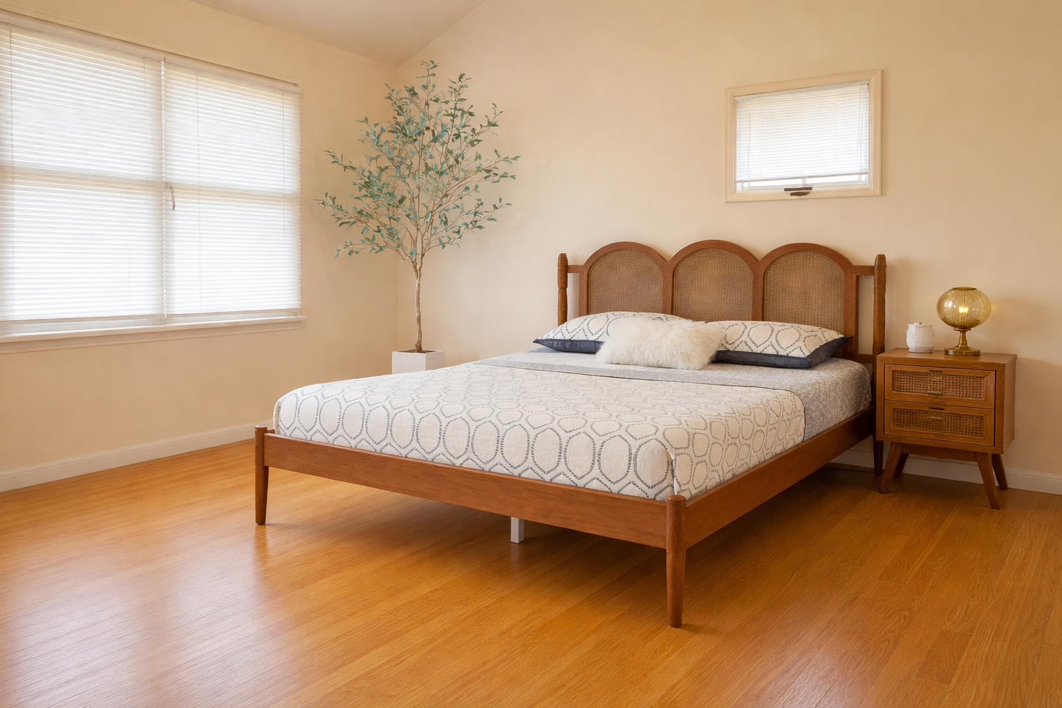Bedroom with wooden bed, nightstand, window with blinds, and decorative tree.