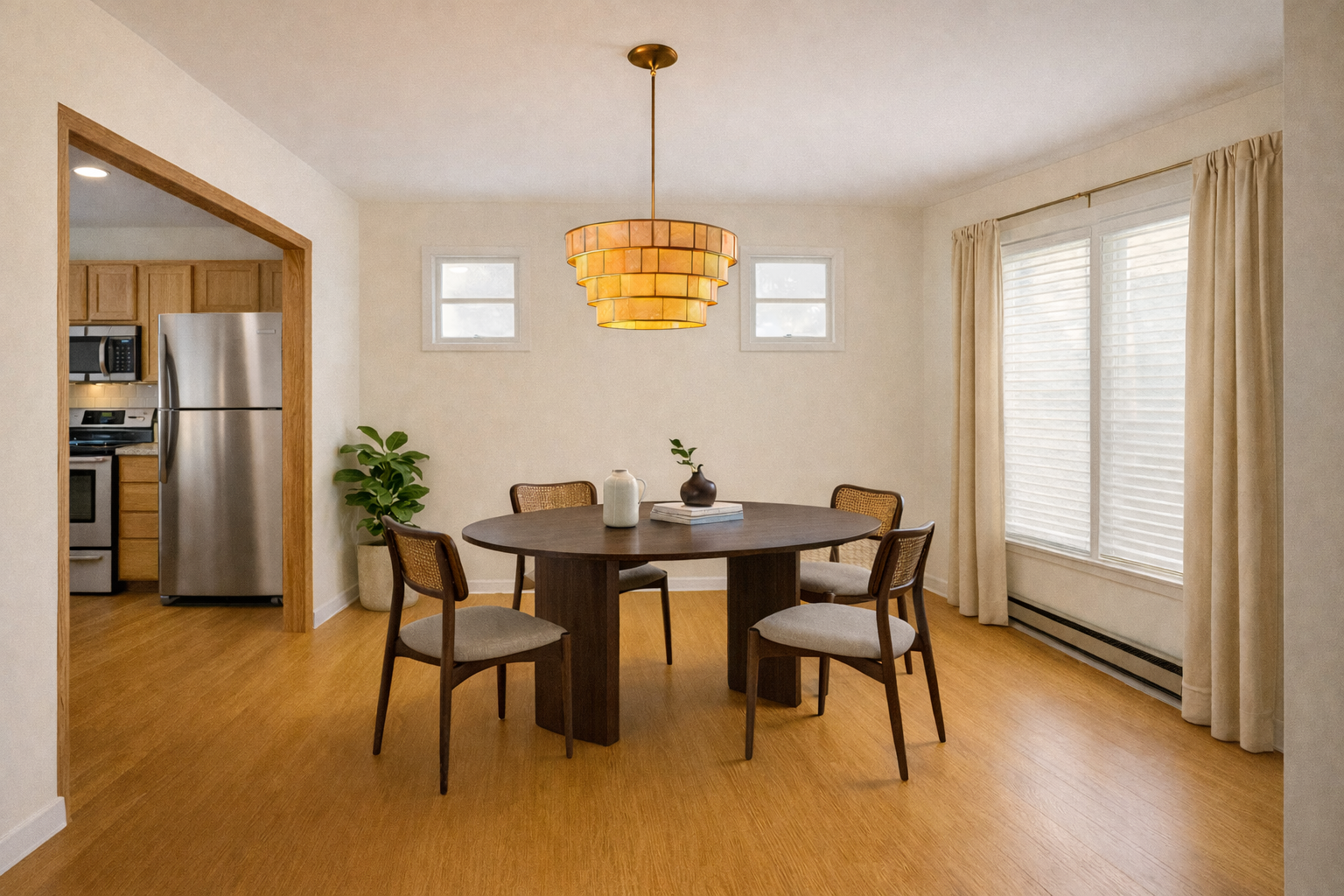 Dining room with round table, four chairs, chandelier, and a view into the kitchen.