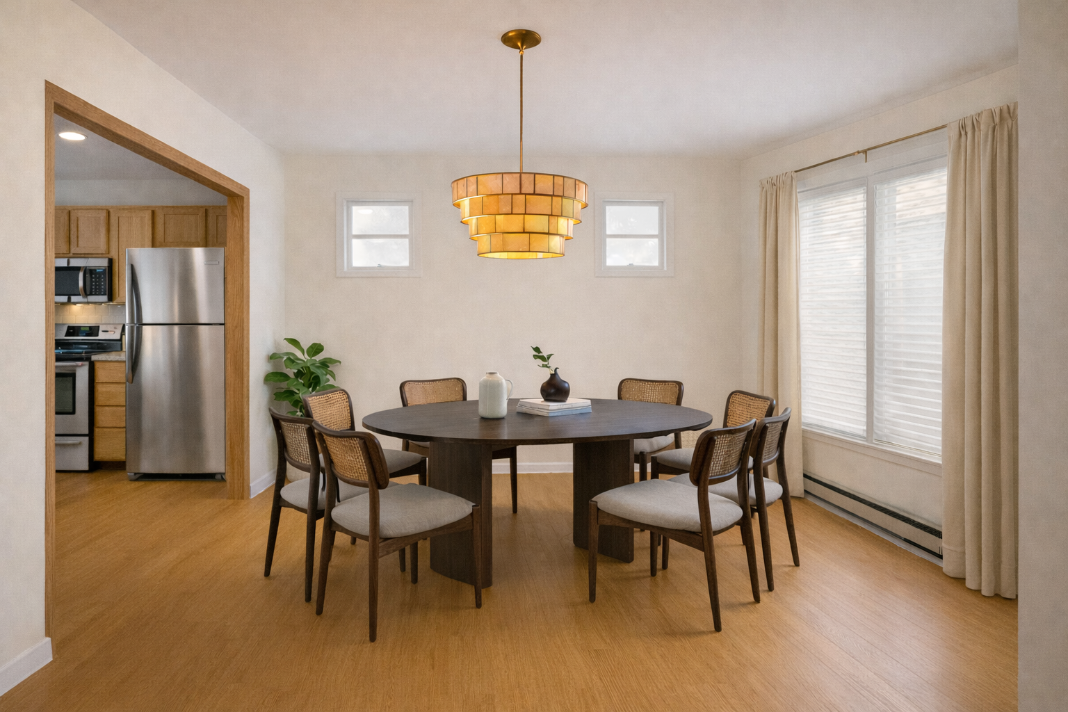 Dining room with round table, chairs, and chandelier; kitchen visible.