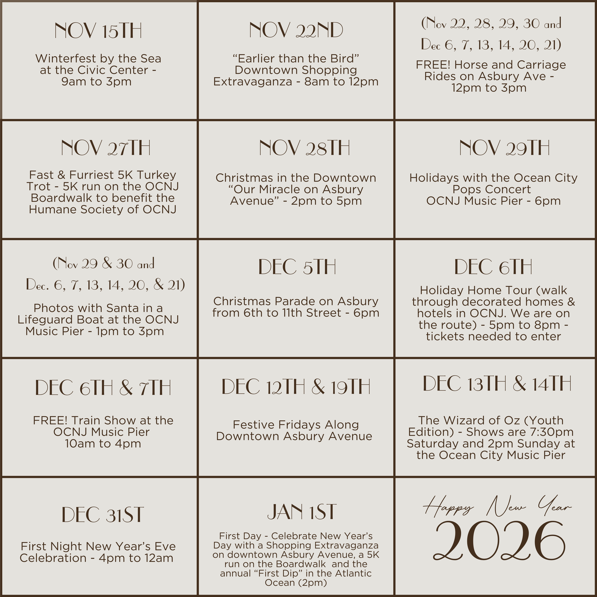 OCEAN CITY EVENT CALENDAR FOR NOVEMBER, DECEMBER & JANUARY 2026