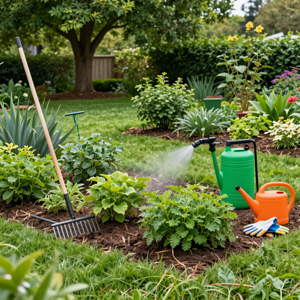 Un aspersor de jardín riega las plantas junto a un pulverizador verde y una regadera naranja.