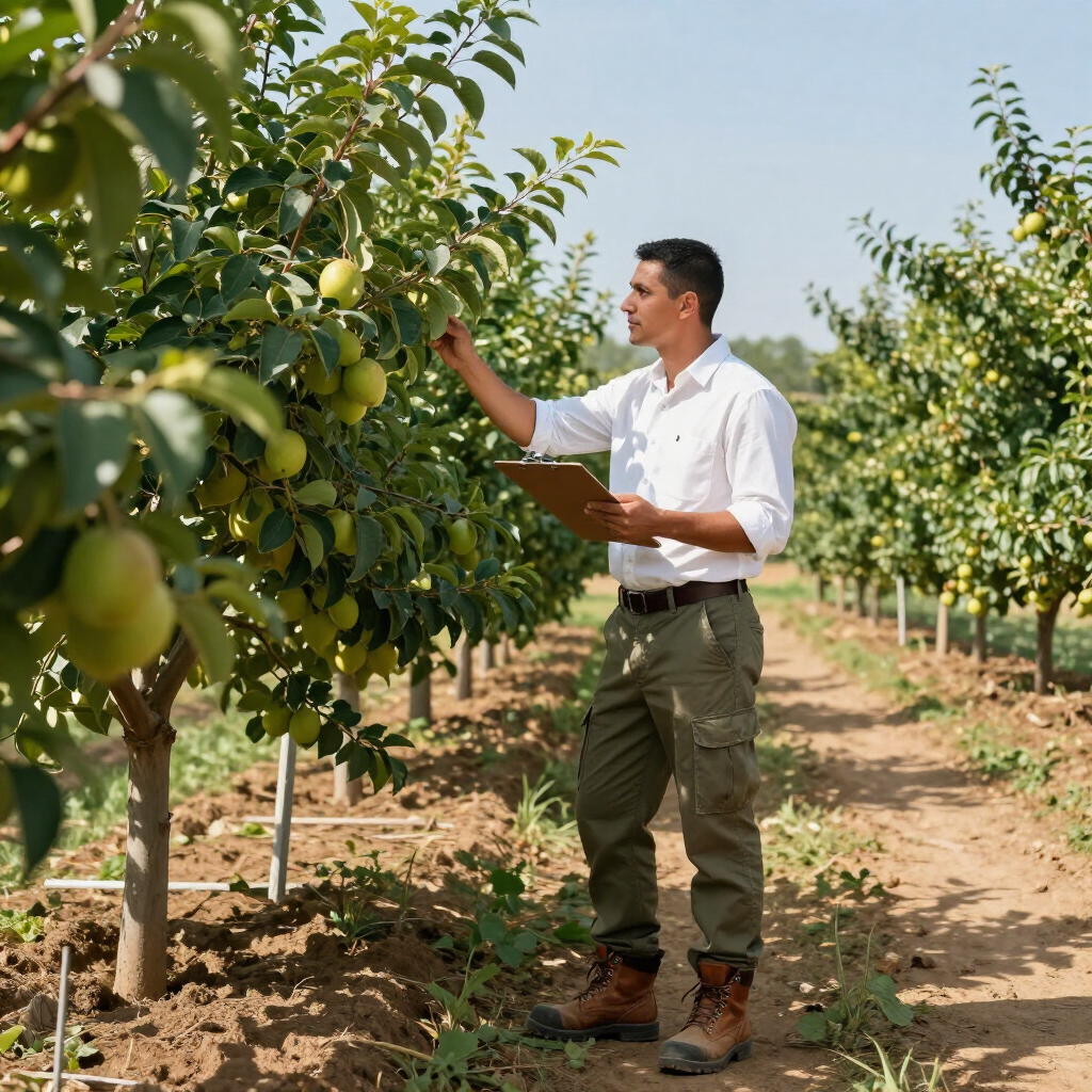 Un hombre inspecciona las manzanas de un árbol en un huerto soleado.