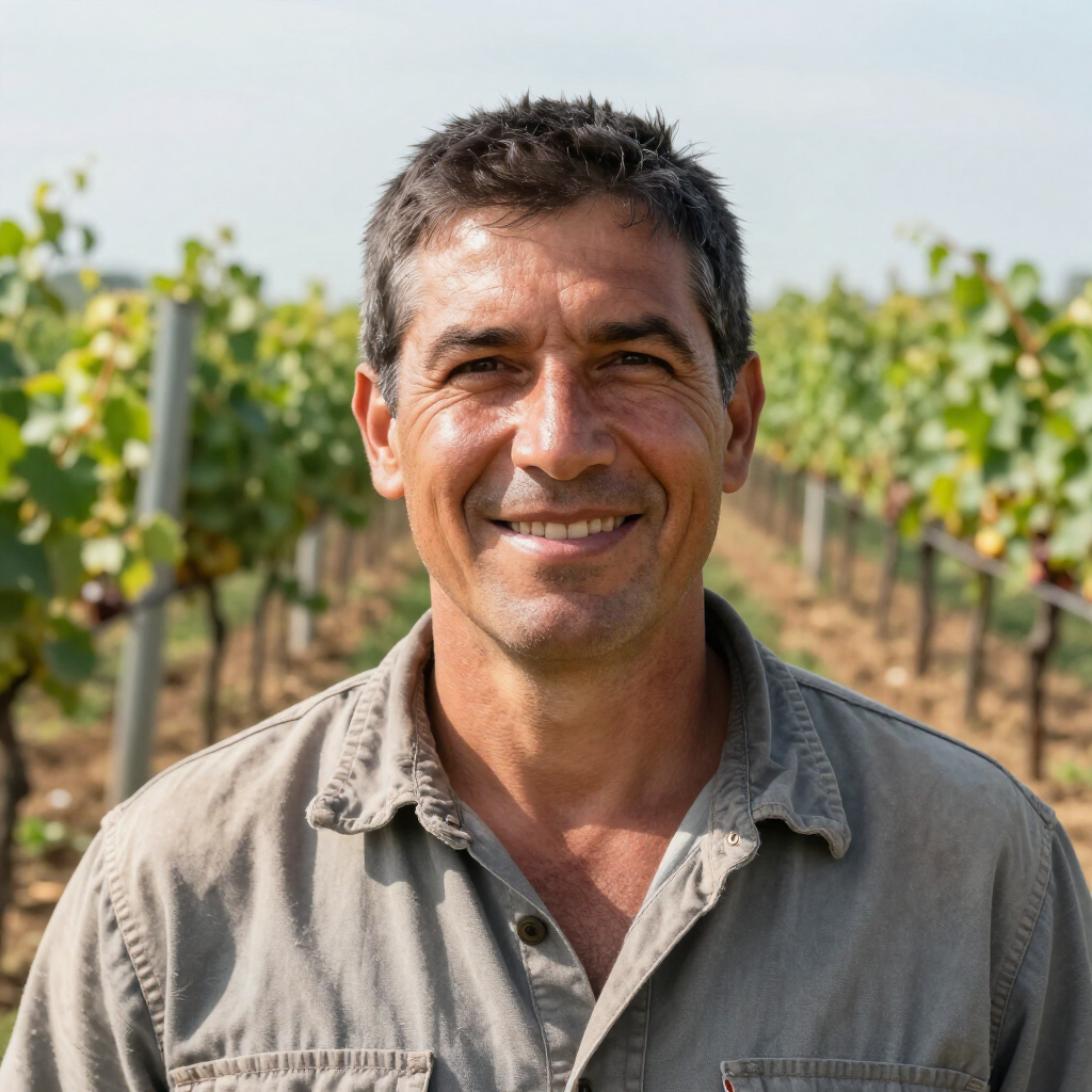 Hombre sonriente de pie en un viñedo en un día soleado.