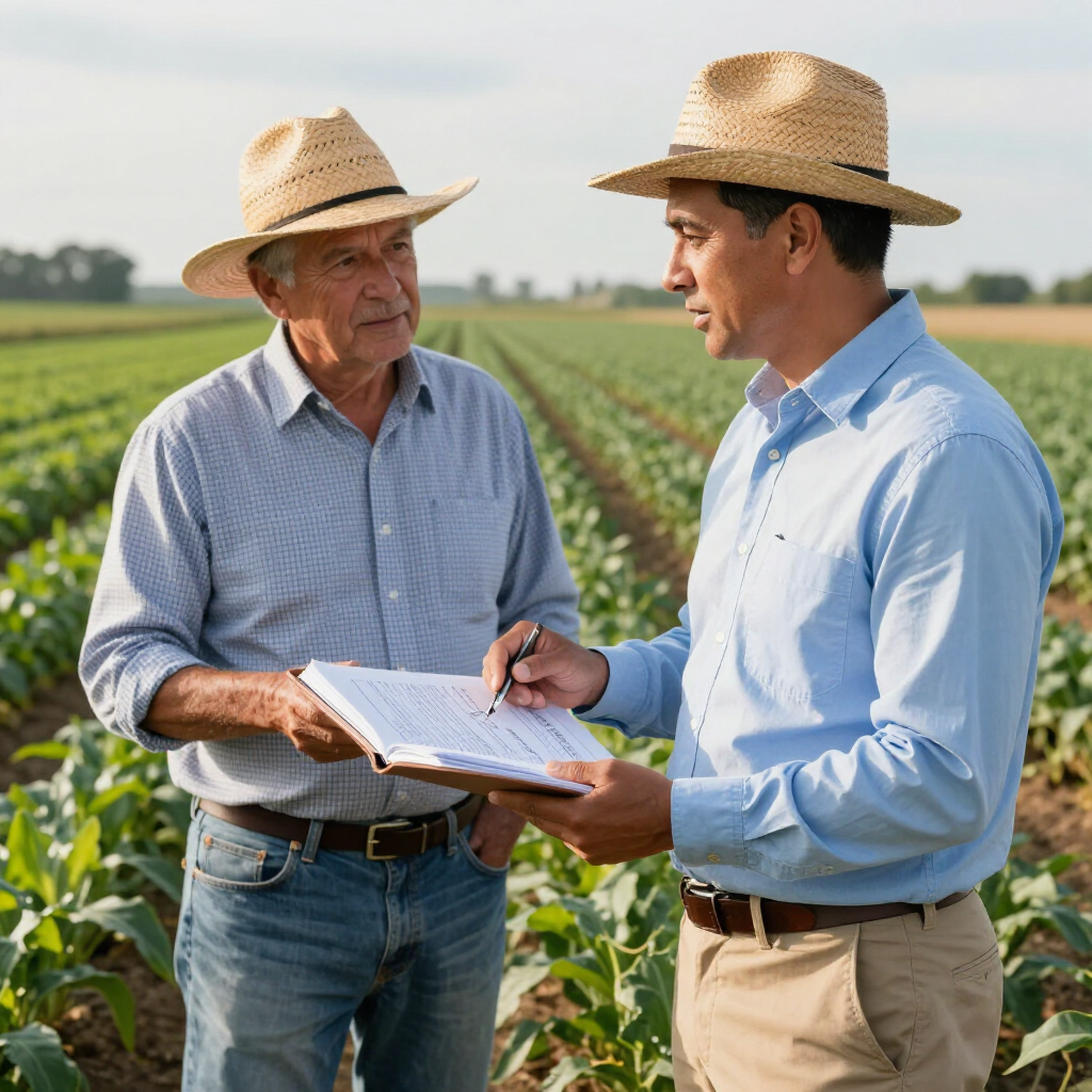 Dos campesinos con sombreros de paja conversan sobre los campos de cultivo mientras repasan unas notas en un portapapeles.