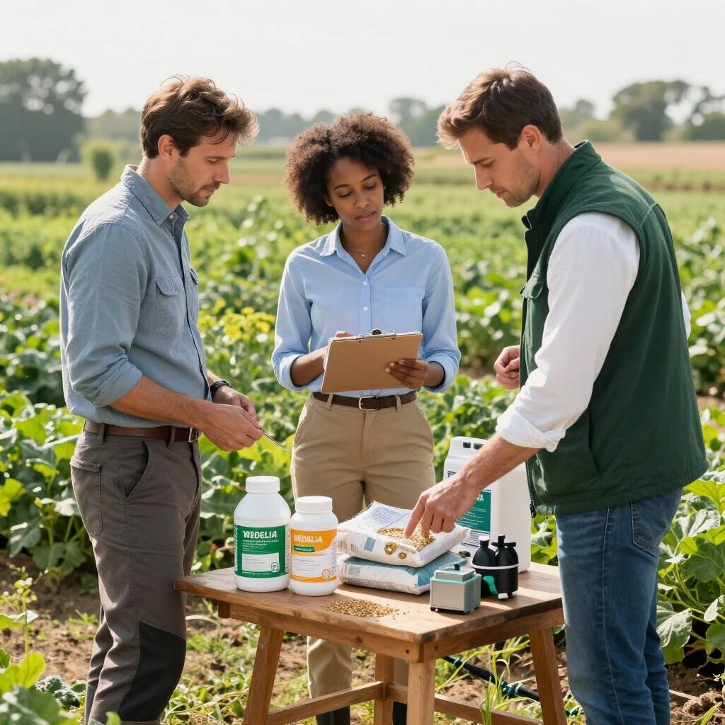 Tres personas inspeccionan los productos y suministros agrícolas en una pequeña mesa al aire libre en un campo.