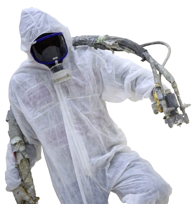 A person wearing a white protective suit and a mask