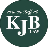Circular dark green logo for KJB Law. White text: 