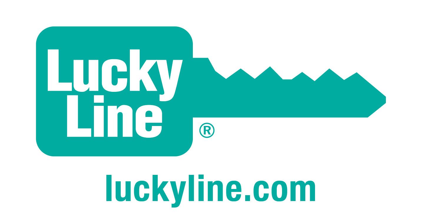 A logo for lucky line with a key and the website luckyline.com