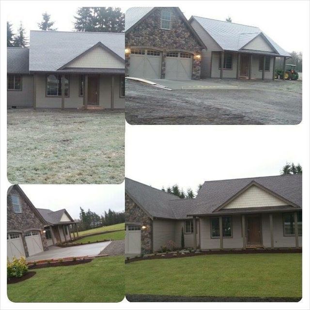 A collage of pictures of a house with a gray roof