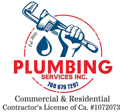 A logo for plumbing services inc. with a hand holding a wrench