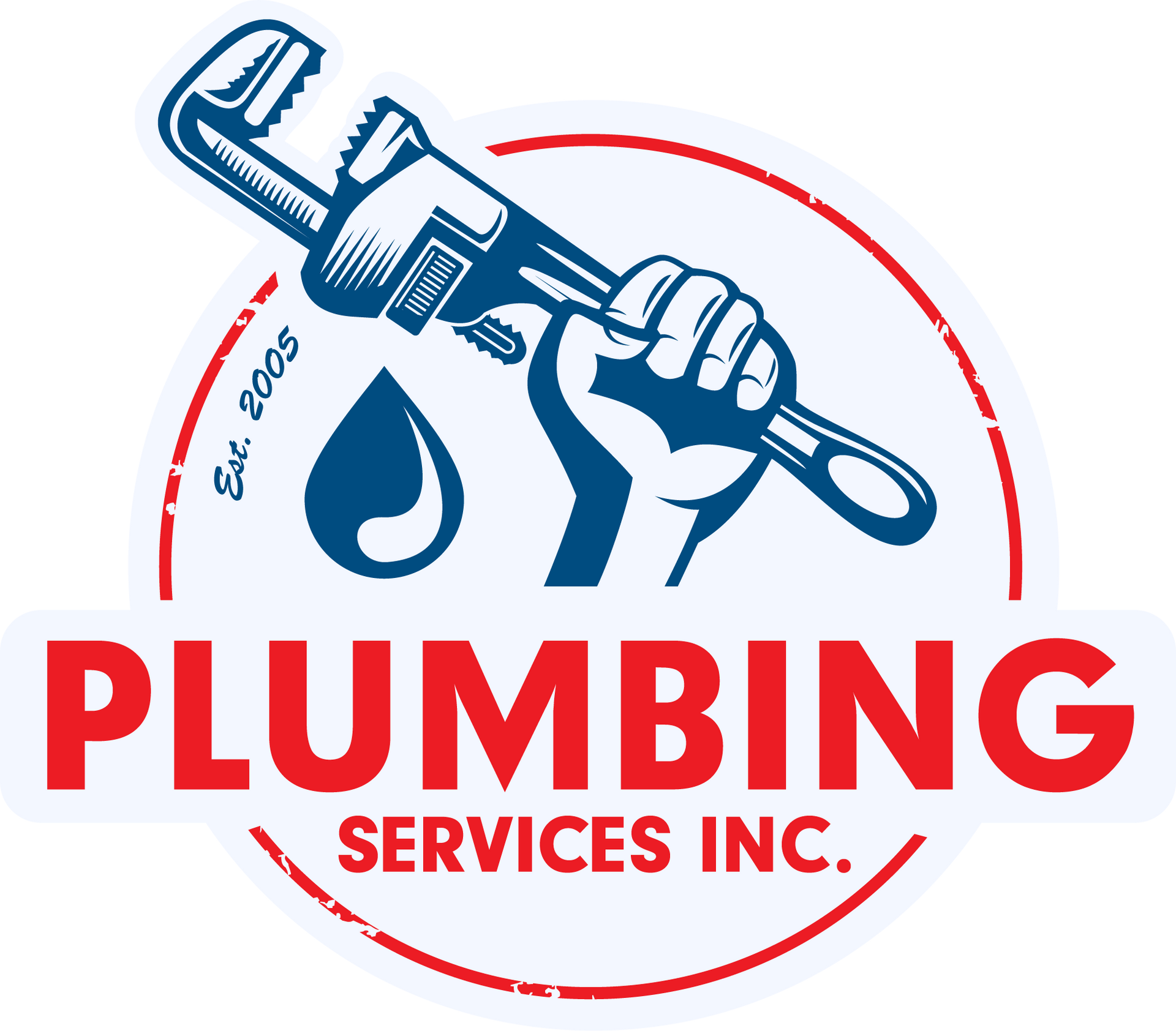 A logo for plumbing services inc. with a fist holding a wrench