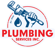 A logo for plumbing services inc. with a fist holding a wrench