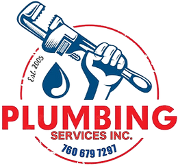 A logo for plumbing services inc. with a hand holding a wrench