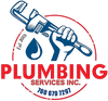 A logo for plumbing services inc. with a hand holding a wrench