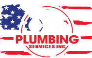 A plumbing services inc logo with an american flag in the background