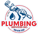 A logo for plumbing services inc. with a fist holding a wrench