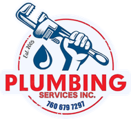 A logo for plumbing services inc. with a fist holding a wrench