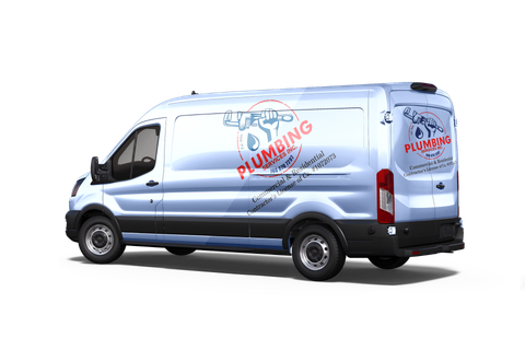 A white van with the word plumbing on the back is on a white background.