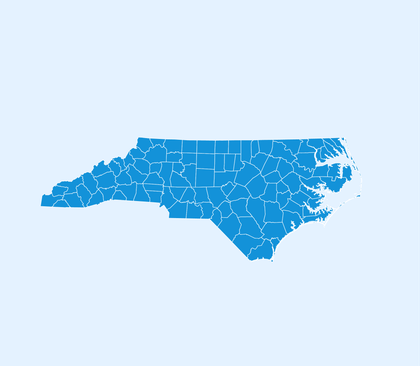 Map highlighting North Carolina counties served by Yes ABA Therapy