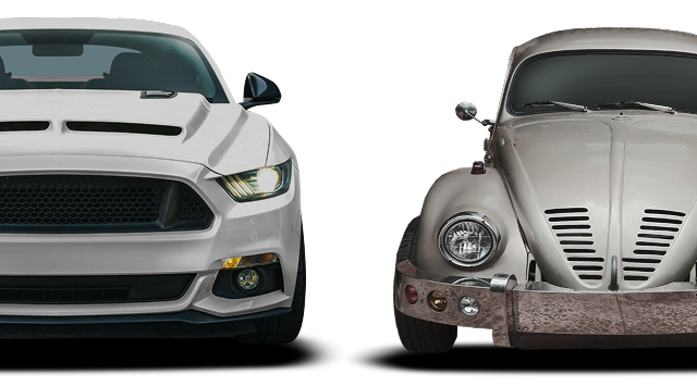 A mustang and a beetle are standing next to each other on a white background. | Compassion Auto Care LLC