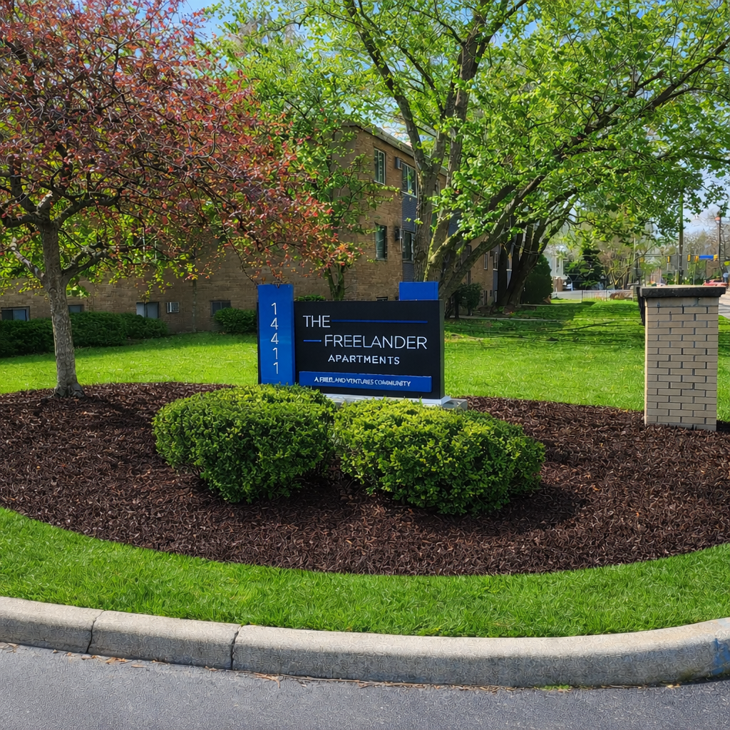A blue and black sign for