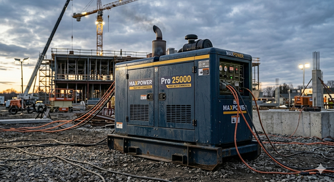 Construction site with a blue industrial generator beside concrete foundations and cranes at dusk