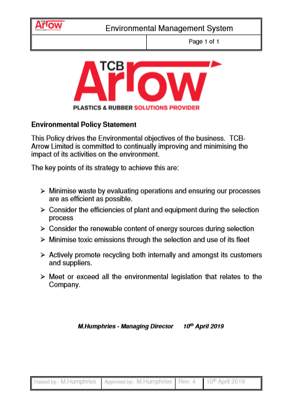It is a tcb arrow environmental management system policy statement.