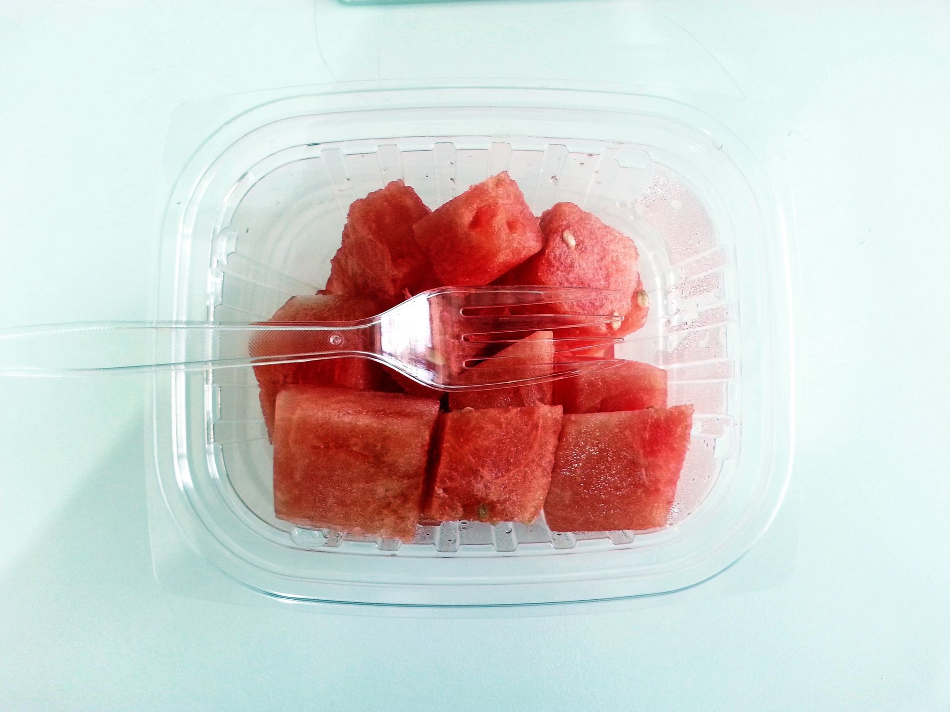 Watermelon slices in a plastic container with a fork