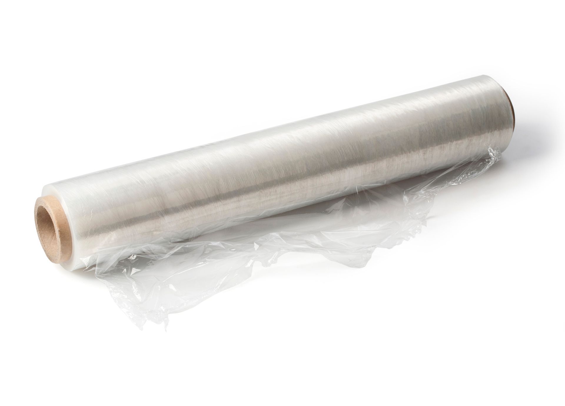 A roll of clear plastic wrap on a white background.