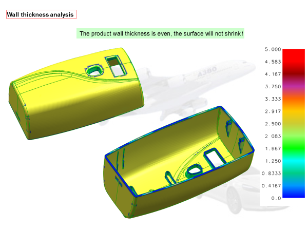 A computer generated image of a product with a graph showing the product wall thickness