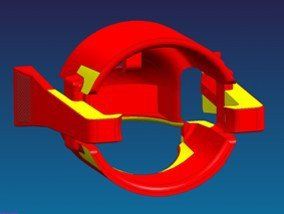 A red and yellow object with a blue background