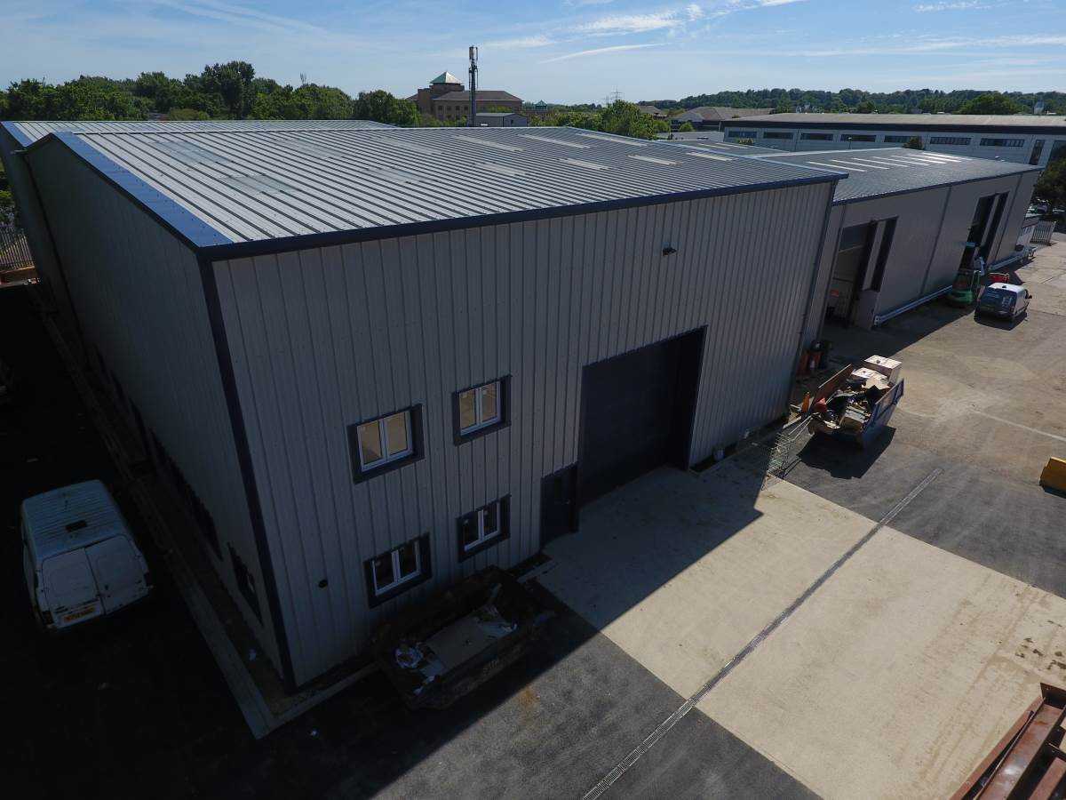 An aerial view of a large industrial building