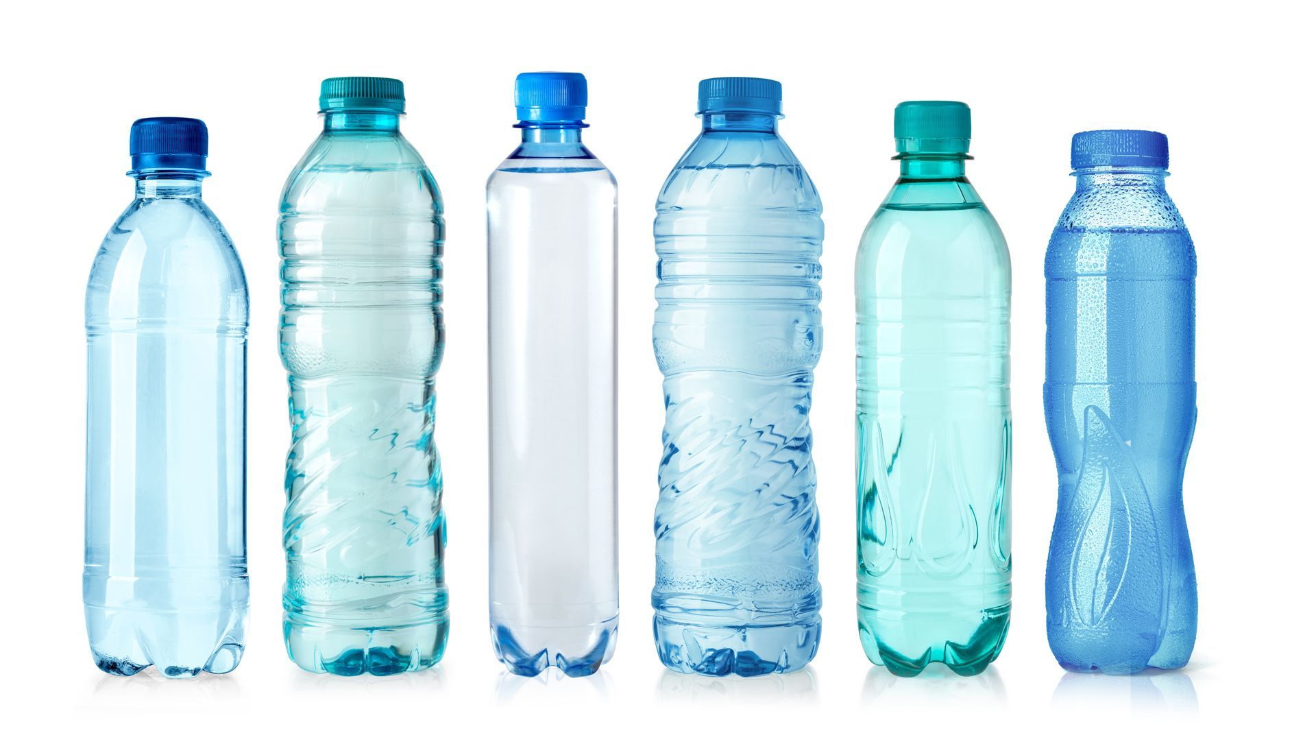 There are many different types of water bottles in a row.
