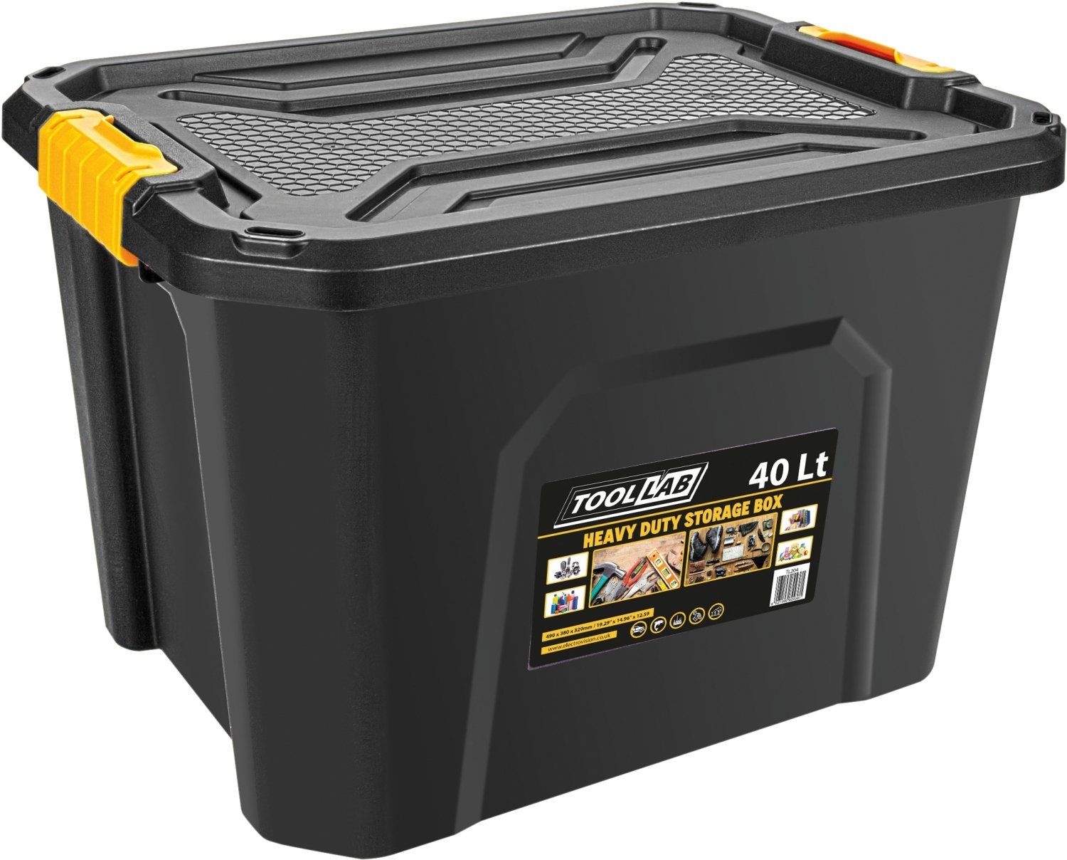 A black plastic storage box with a yellow handle on a white background.