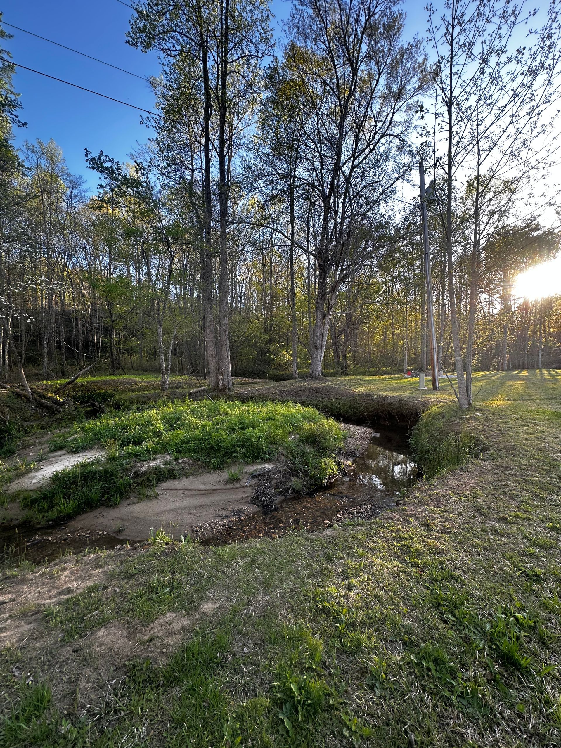 A stream running through a lush green field surrounded by trees at Renewal Rock.