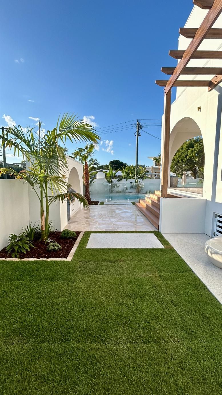 A sunny backyard with a lush green lawn, a small palm tree in a garden bed, and a tiled pathway leading to a swimming pool.