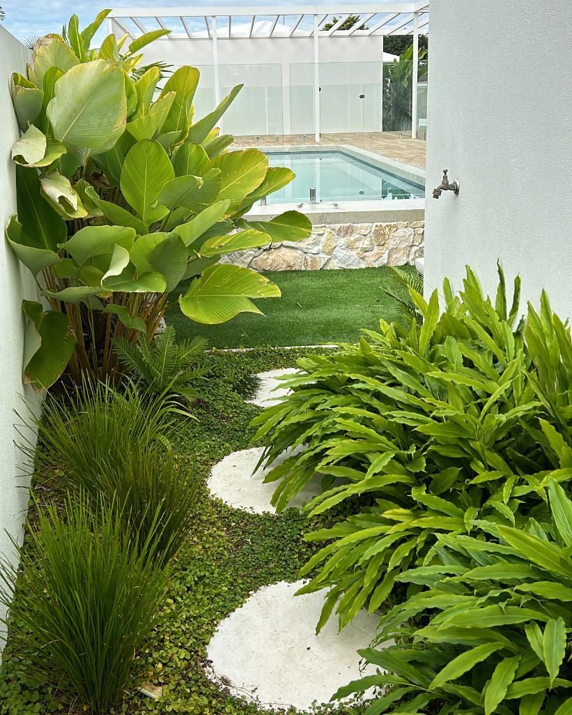 A path with white circular stones leads through lush tropical greenery toward an outdoor swimming pool.