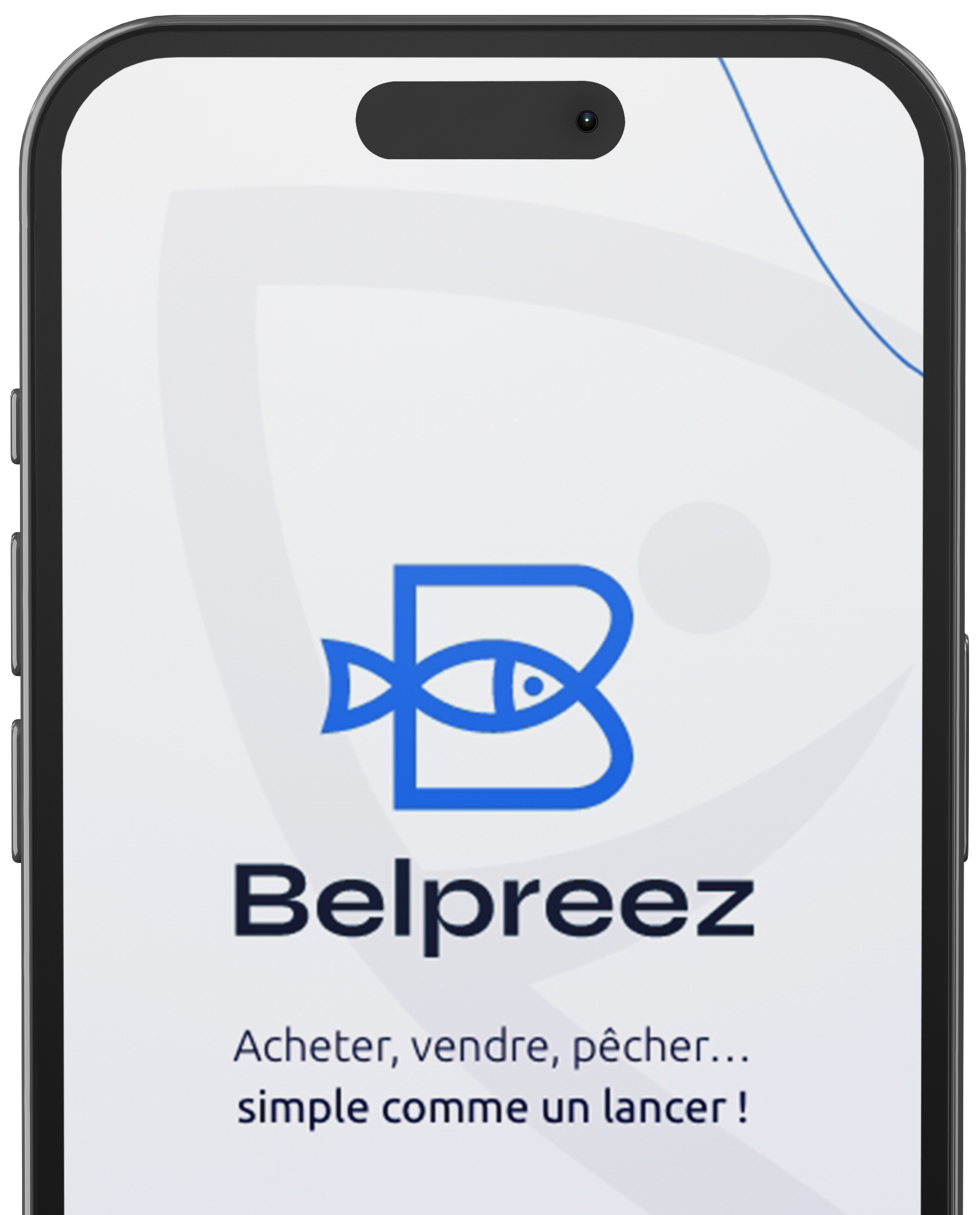 Écran de smartphone affichant le logo de l'application Belpreez : un « B » bleu contenant un poisson. En dessous, le nom « Belpreez » et un slogan en français.
