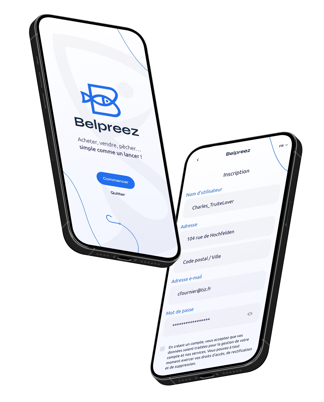 Deux smartphones affichent l'application Belpreez. Un écran affiche le logo, l'autre une liste d'options.