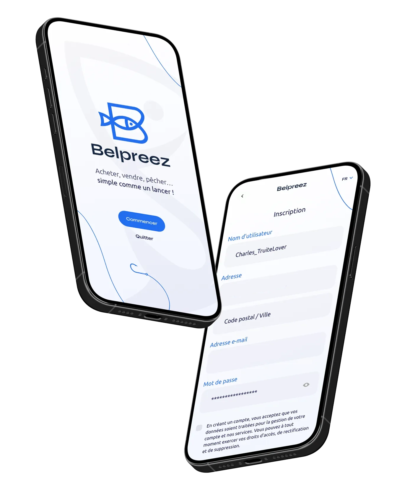Deux smartphones affichent l'application Belpreez. Un écran affiche le logo, l'autre une liste d'options.