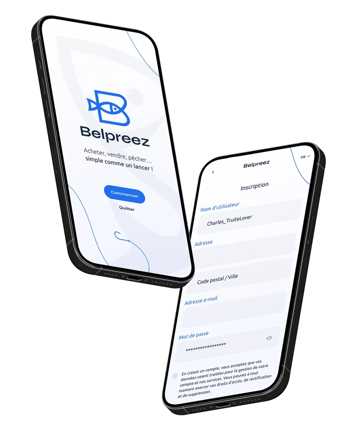 Deux smartphones affichent l'application Belpreez. Un écran affiche le logo, l'autre une liste d'options.