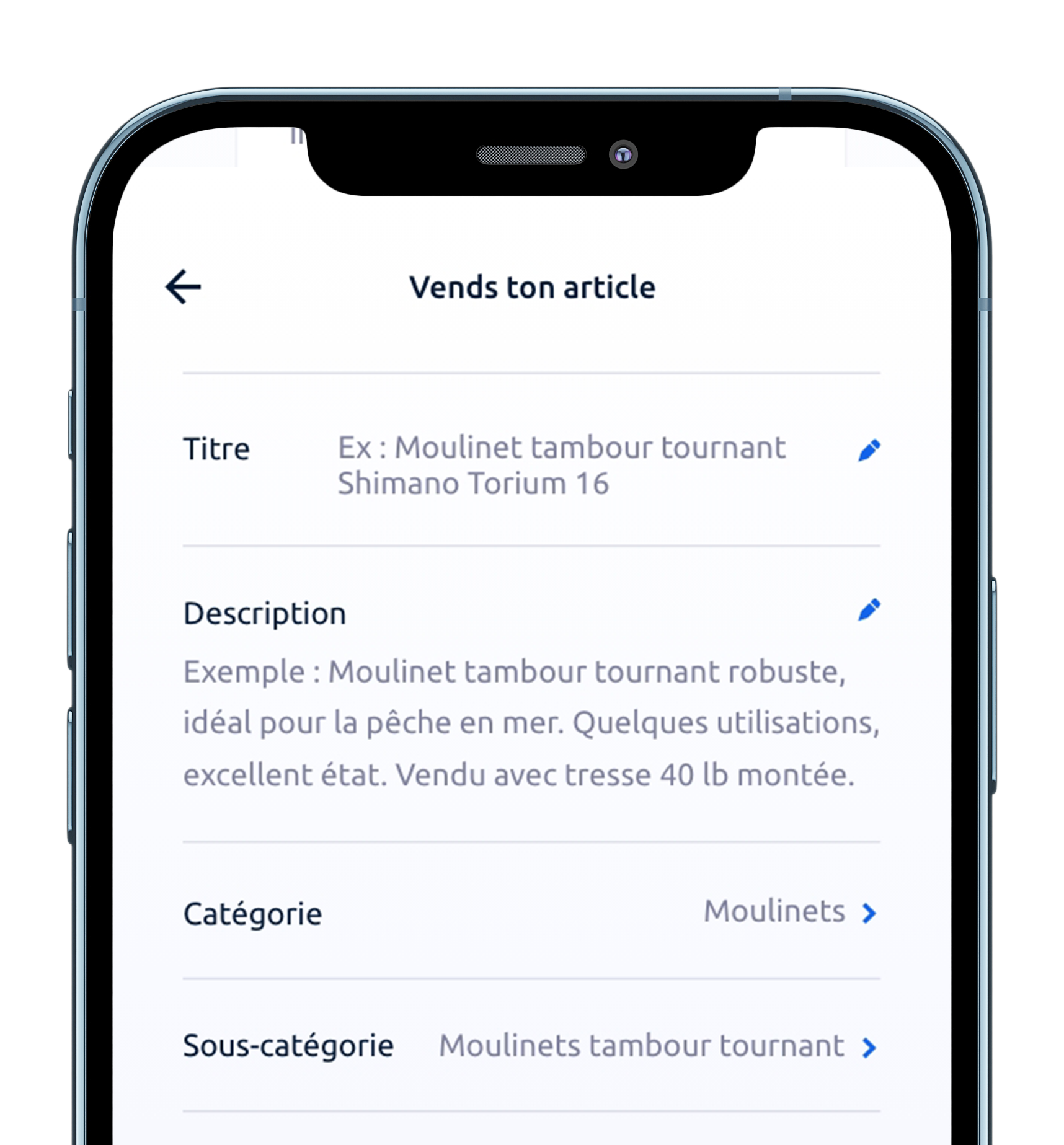 Écran de téléphone portable affichant un formulaire de vente d'article avec des champs pour le titre, la description, la catégorie et la sous-catégorie.