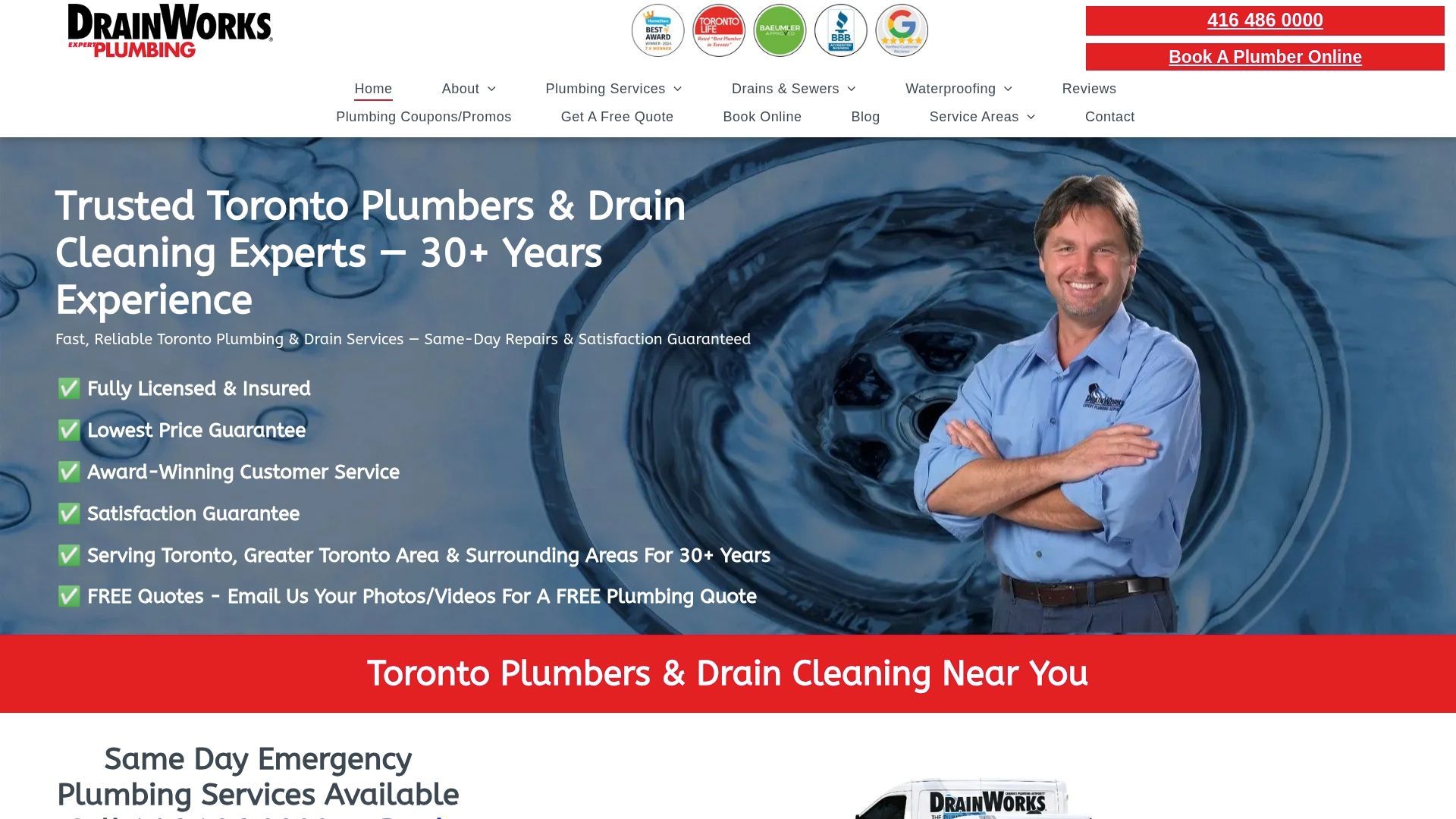 Website for plumbing services, man standing in front of a drain.