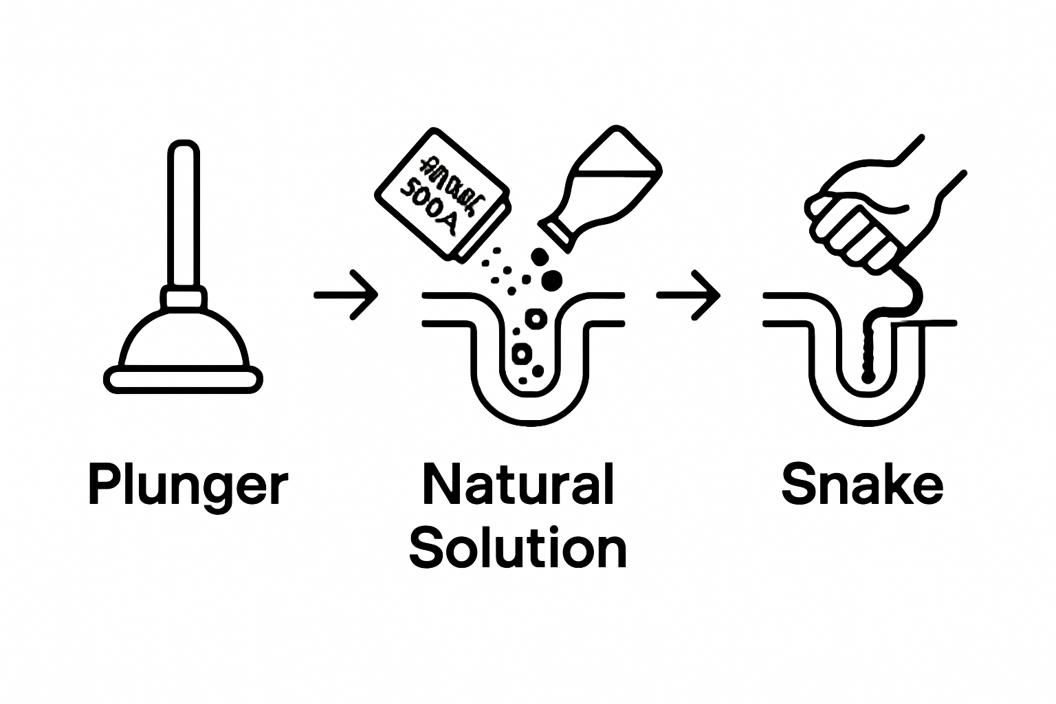 Drain unclogging steps: use plunger, natural solution, then snake.
