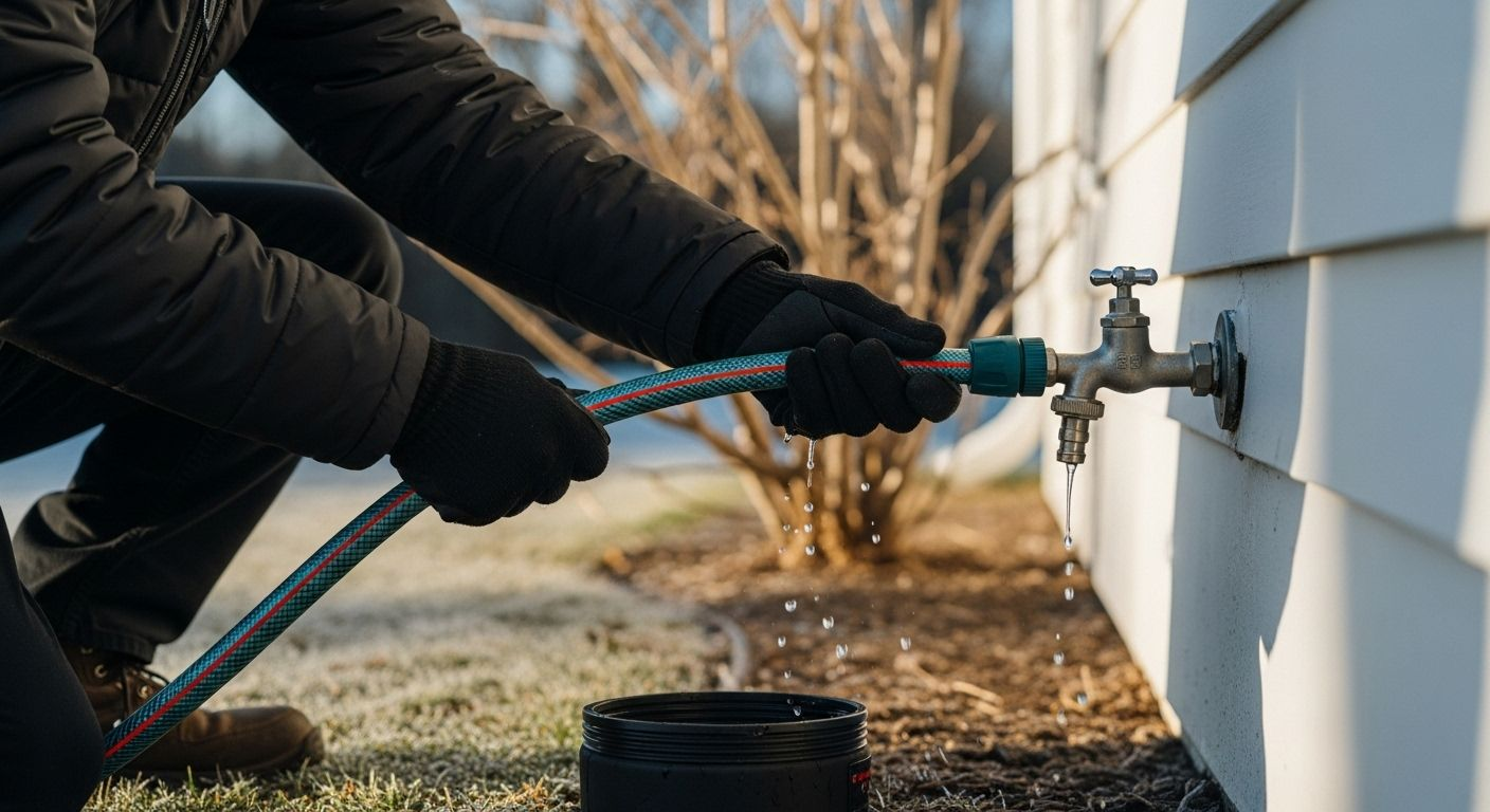 Person in black gloves attaching a hose to an outdoor water faucet on a white house in a cold, sunny setting.